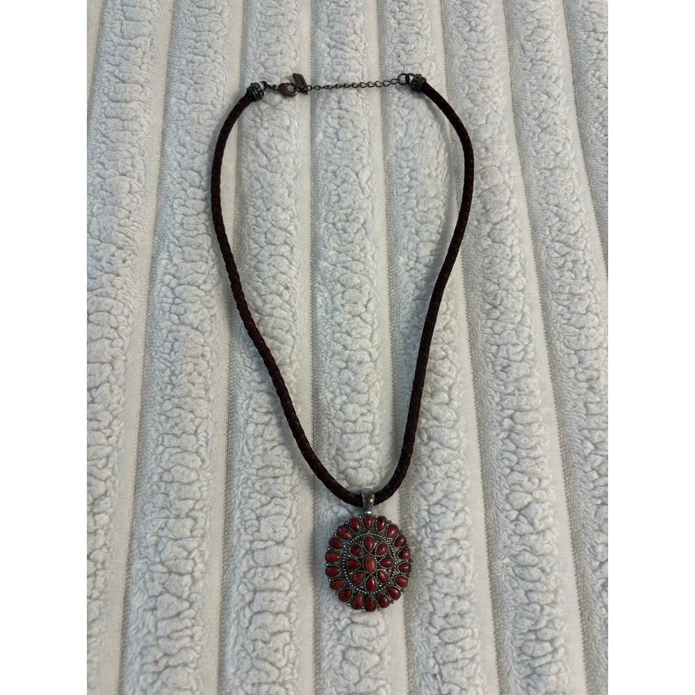 Chaps Round Pendant Ornate Silver Tone red Medalion  Necklace leather Cord 20”